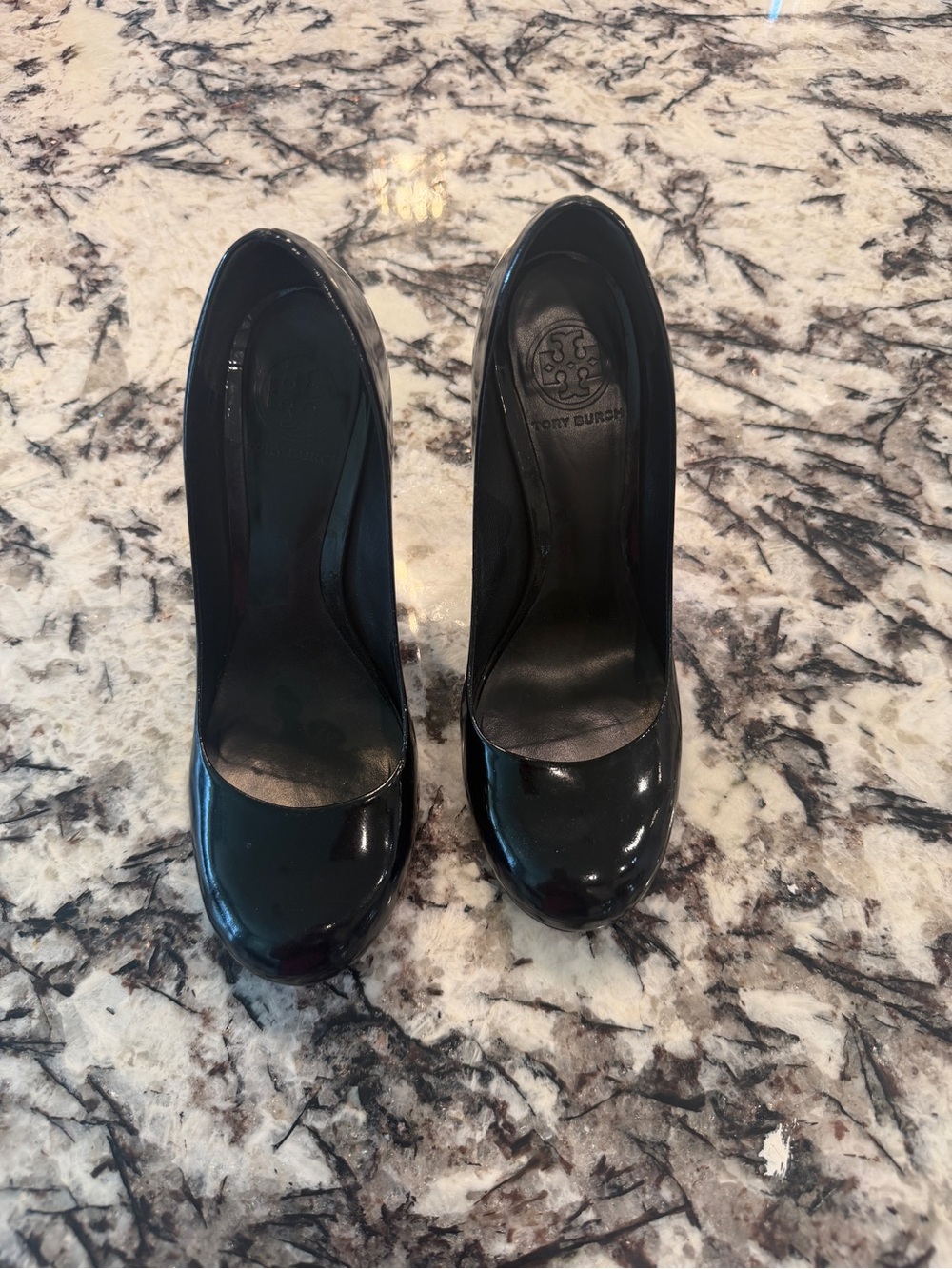 Tory Burch Black Patent Leather Round-Toe Heels